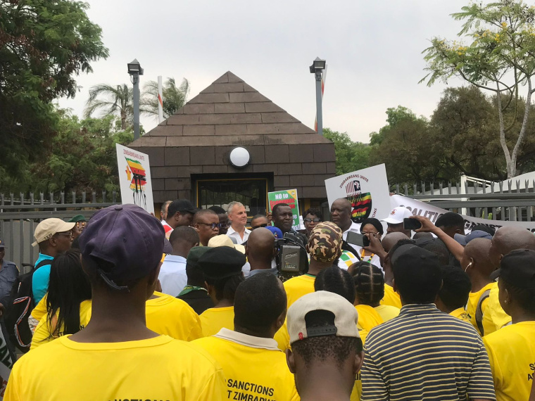 Rutendo Matinyarare and Nosipo Bekani at ZUAUWS/ZASM SADC anti-sanctions march at EU embassy in September 2019.